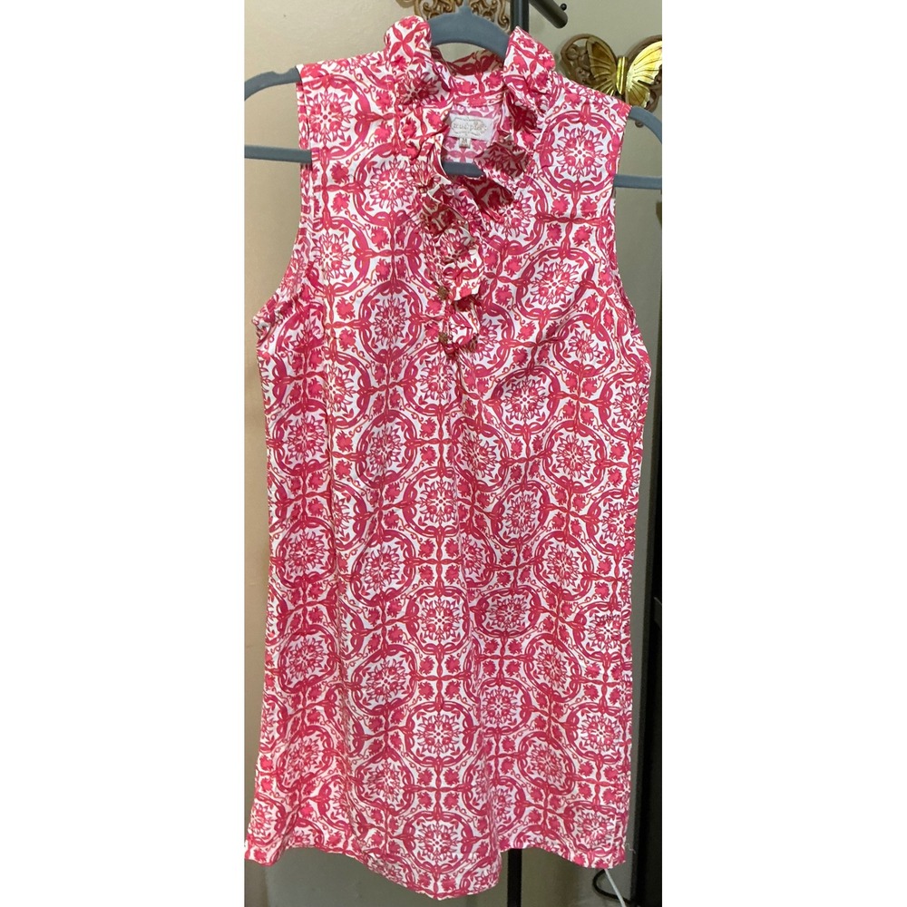 Mud Pie Pink Orange Medallion Print Ruffle Collar Sleeveless Shift Dress Medium